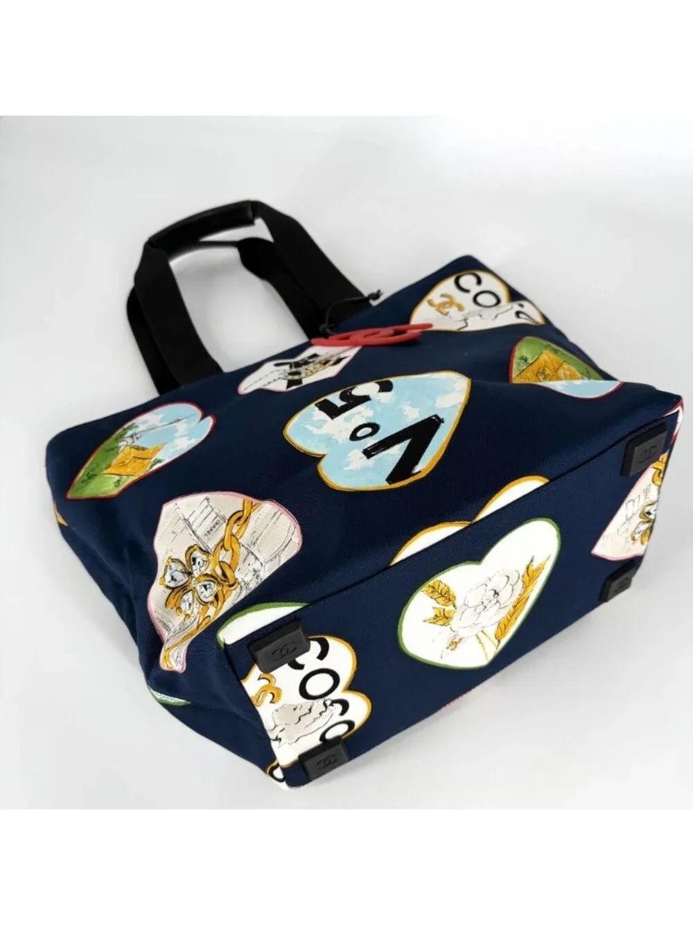 Chanel Tote Valentine Heart Handbag CC Logo Shoulder Canvas Navy Silver Vintage